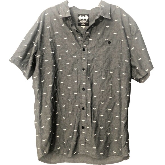 Batman DC Comic Men’s Short Sleeve Button Up Logo Shirt Size XL Gray Black - Picture 1 of 6
